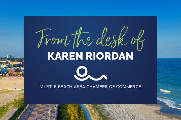 beach skyline with words reading from the desk of karen riordan